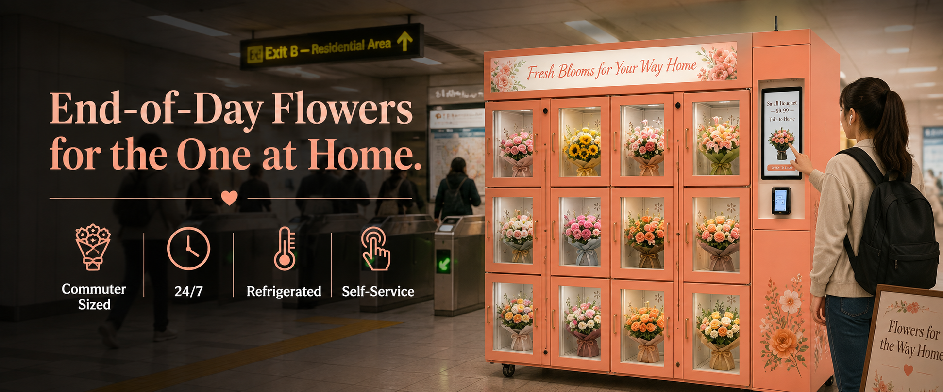 24H Refrigerated Fresh Flower Vending Machine with Double Glass Door and 15.6-inch Touch Screen