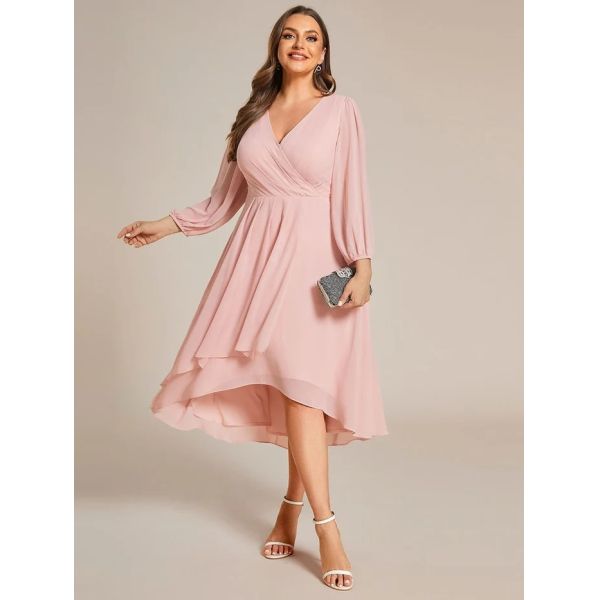 Plus Size Ruffled A-line Long Sleeve V-neck High Low Wedding Guest Navy Blue Chiffon Bridesmaid Dress
