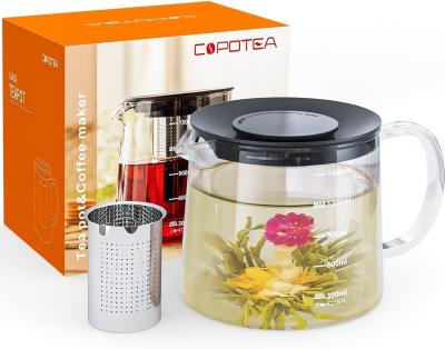 Removable Filter Spout Glass Teapot for Loose Leaf and Blooming Tea 30.4oz Clear Teapots