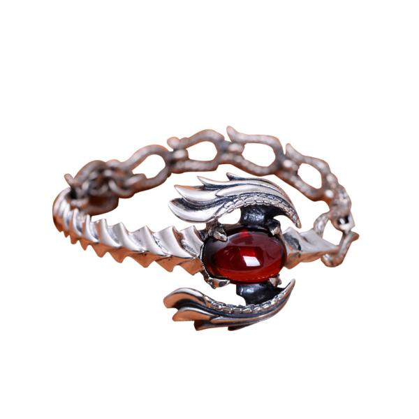 Handmade Sterling Silver Chain Link Phoenixes Synthetic Garnet Charm Women Bracelet (014902)