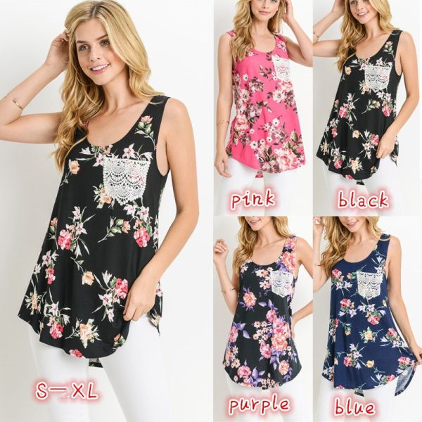 Digital Printing Womens Singlet Tops , Lace Pocket Floral Tank Top Womens