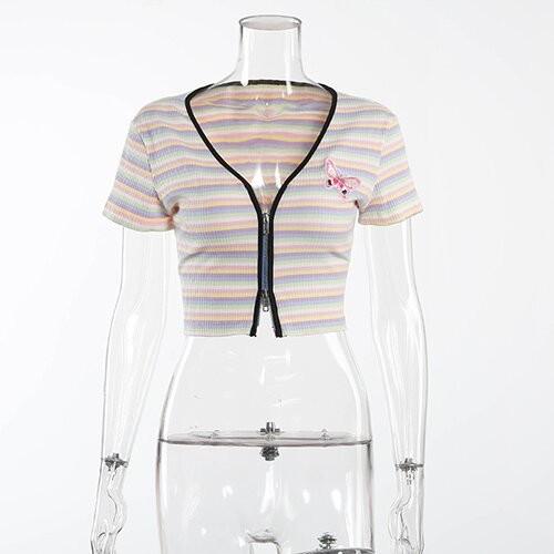 OEM maufactory Keliou Foreign Trade polyester  cross -border European and American  sexy short zipper rainbow t -shirt
