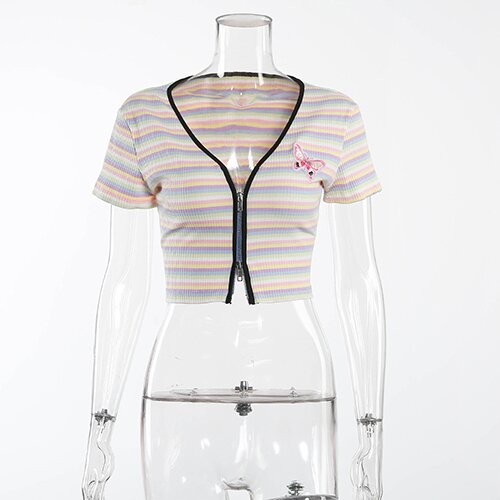 T-shirt court sexy européen Keliou de polyester maufactory de commerce extérieur d'OEM et américain frontalier d'arc-en-ciel de tirette