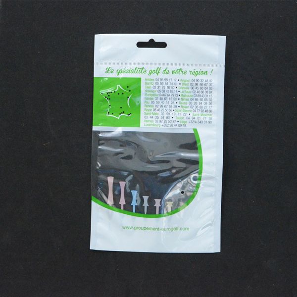 Customized logo OPP plastic golf bag with wooden golf tee/ 3 side seal laminated plastic bag with hanger