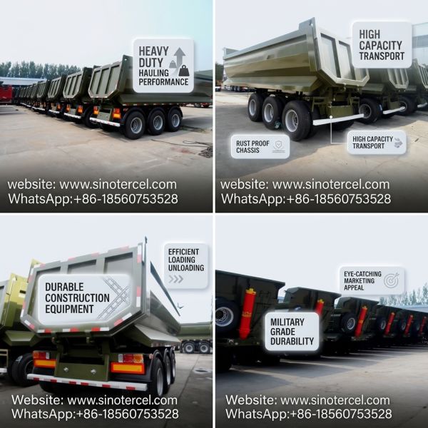 3 Axles  Dumping Tipper Semi Trailer efficient loading and unloading U type Military green, specially customized Front Lifting Hydraulic Large-capacity