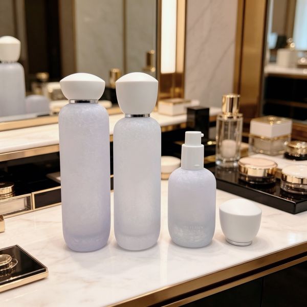 Premium Frosted Glass Bottles & Jars with Pump/Spray & White Caps, Crackle Pattern for Cosmetics, Face Cream, Lotion, Serum, Toner, Skincare, 120ml/100ml/40ml/50g/30g