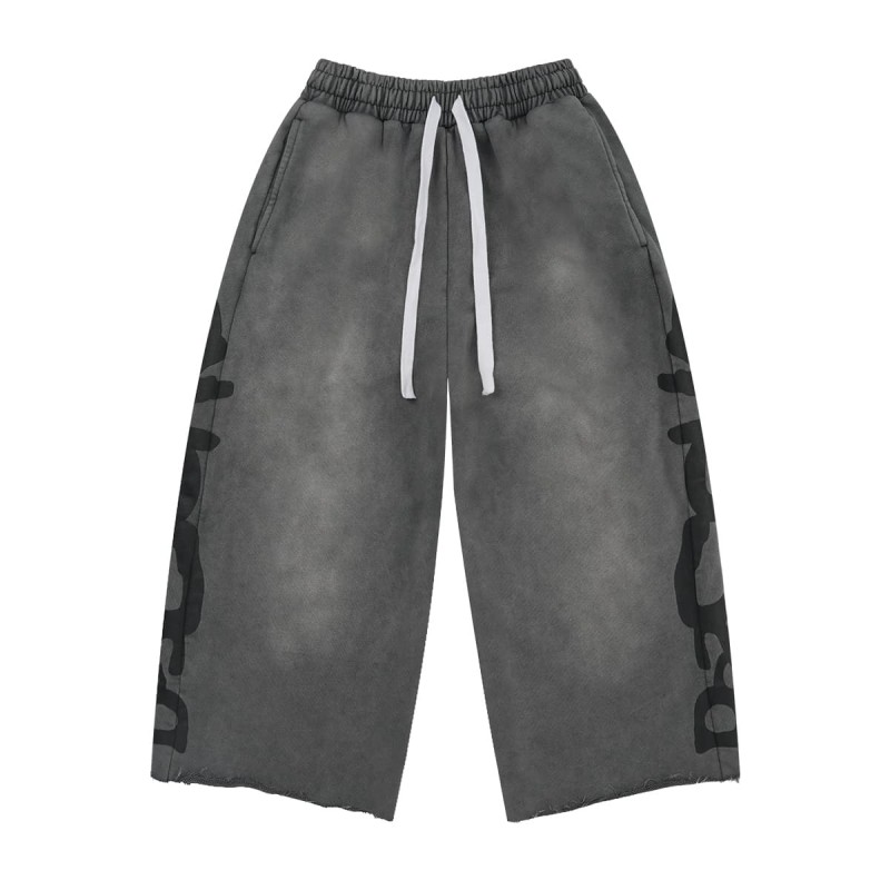 Custom Vintage Washed Wide Leg Sweatpants with Side-Leg Artwork and Raw Hem Style