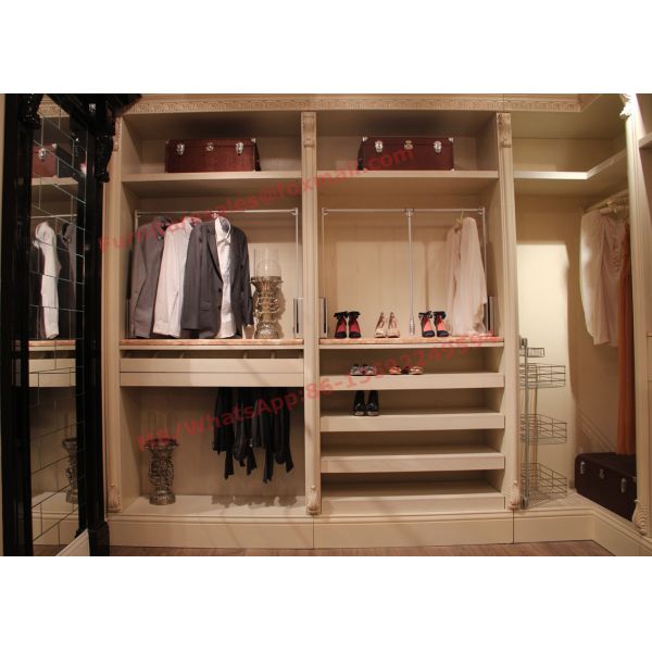 Luxcury Indoor Villa Furniture wood in-wall Wardrobe room by ivory white with mirror