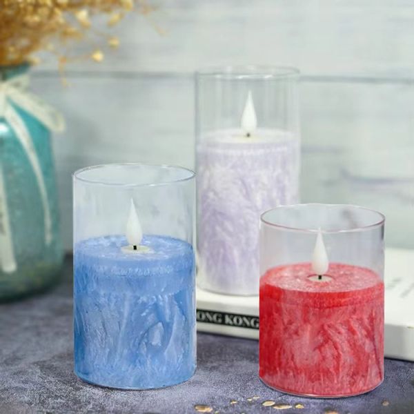 Acrylic Flickering Flameless Candles Set Remote Control Decorative Electric LED Light Pillar Pattern for Home Decoration