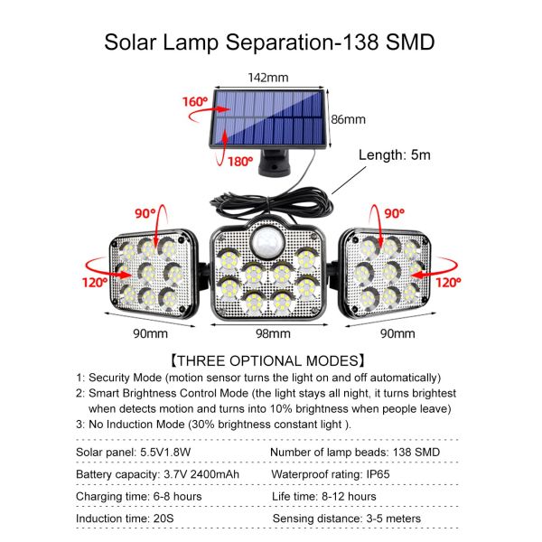 6500K 1.8W Outdoor LED Solar Lamp 270 Wide Angle 3.7V 2400mah
