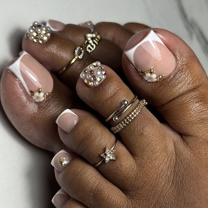 Waterproof French Tip Press On Toenails 3D Rhinestone On Toenails