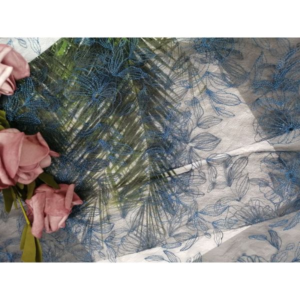 Blue Voile Embroidered Lace Fabric Floral Tulle Mesh