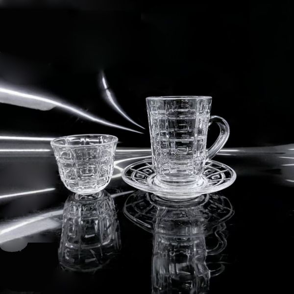 Complete 36-Piece Grid Pattern Glass Tea Serving Kit For Home & Cafe 12pcs Turkish Cups 12pcs Saucers 12pcs Cawa Cups