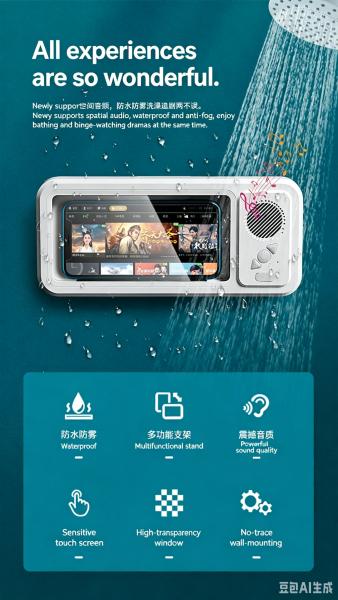 IPX6 Waterproof Shower Phone Holder with Bluetooth 5.3 Speaker, 12H Playtime, Touch Screen, Wall Mount