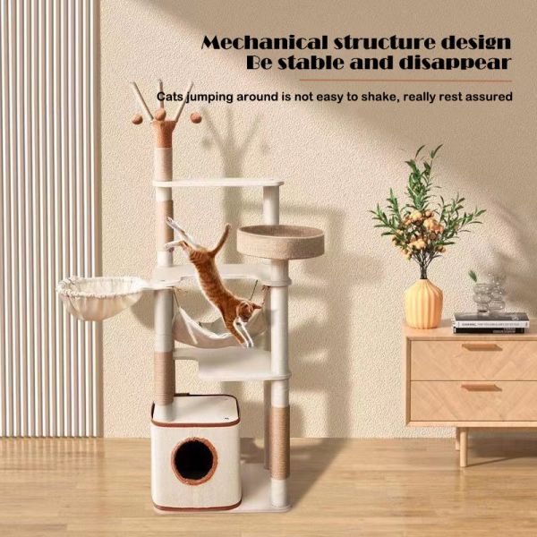 Fully Wrapped Wooden Cat Tower with Replaceable Dangling Balls and Scratching Sisal Posts