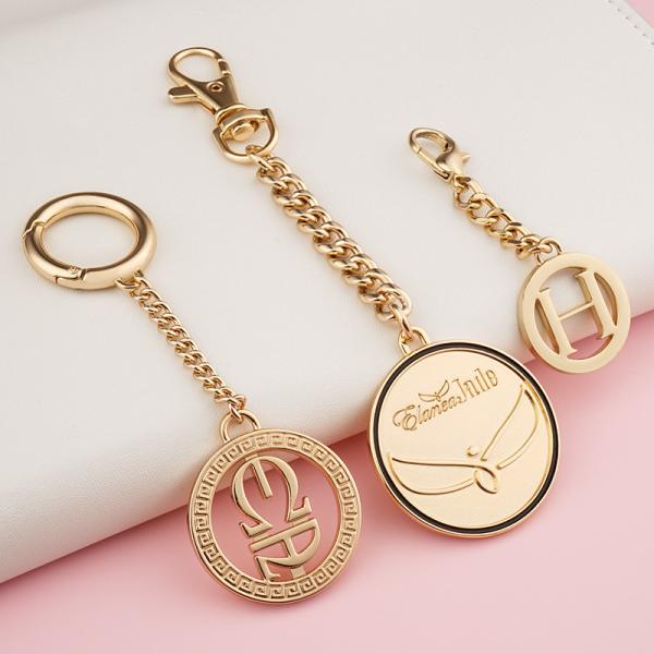 Handbag Metal Hang Label with Clasp Custom Gold Round Shape Embossed Logo and Hardware