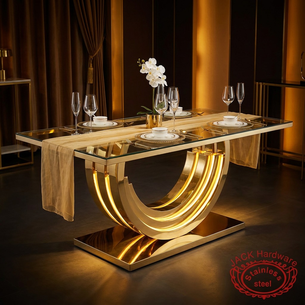 WENDING Gold Multi-Arc Rainbow U-Base Glass Dining Table – Sculptural Hotel Banquet Table