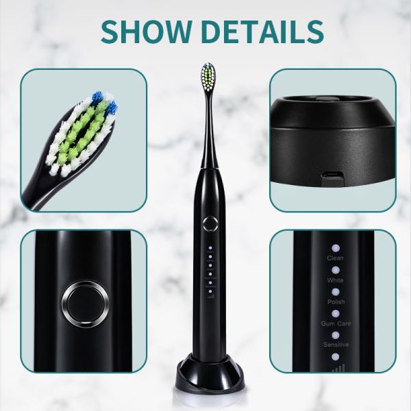 Black Adult Smart Electric Toothbrush Wireless Charging With 1200mAh Battery