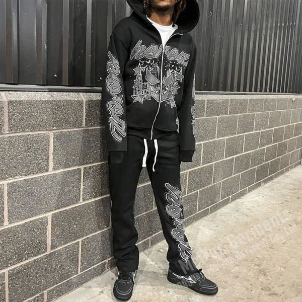 Custom Print Vintage Zipper Rhinestone Hoodies Sweatsuits Unisex Sets Flared Sweat Pants Zip up Hoodie Set Tracksuits for Men