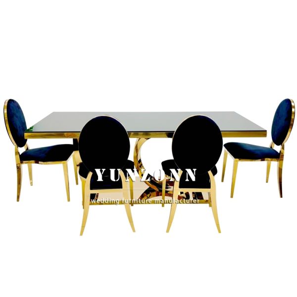 Modern Luxury Gold Legs Rectangular Dining Decor Glass Tables Set Stainless Steel Tables for Events Wedding Banquet Decorations