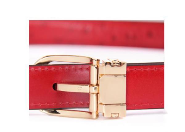 Red 125cm Womens Ostrich Leather Belt With Gold Buckle