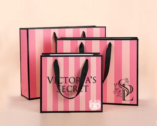Pink Striped Pantone CMYK Cosmetic Paper Bags For Return Gifts
