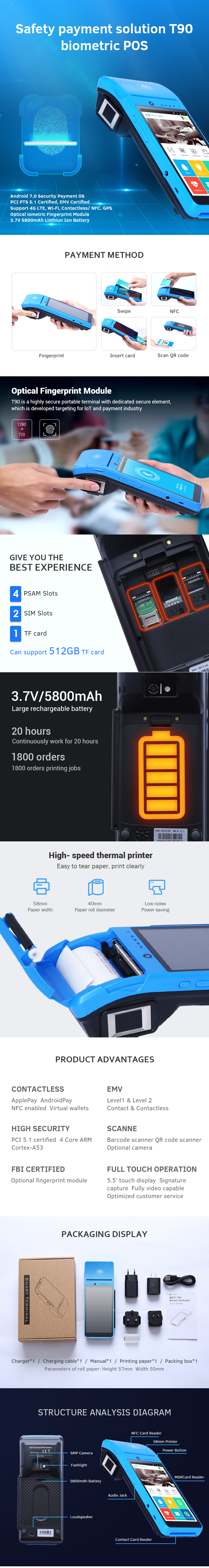 машина выписывания счетов Pos TDS CDMA прибора оплаты пиксела 5800mAh NFC 8M мобильная