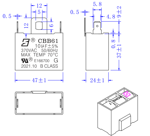 CBB61 Промышленный вентилятор конденсатор кондиционер вентилятор конденсатор 370V 10uf 187 Терминал 10000 часов