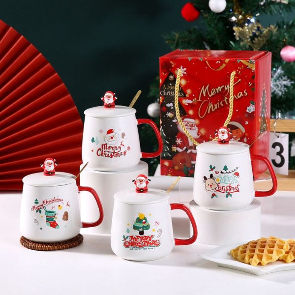Christmas Gift Ceramic Mugs with Spoon 400ml Reusable Porcelain Coffee Cup Decoration