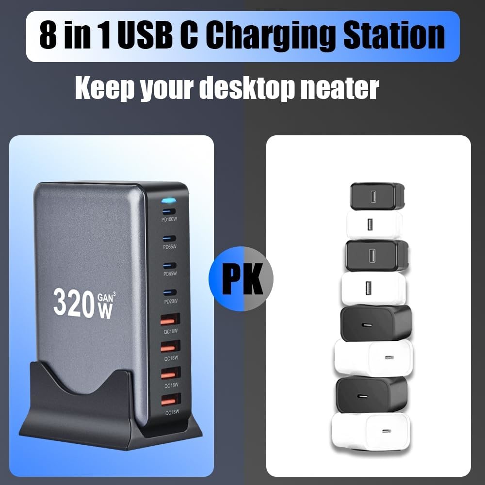 Зарядное устройство GaN для рабочего стола с несколькими портами 320 Вт быстрый тип C 100 Вт 45 Вт PD 20 Вт для ноутбука
