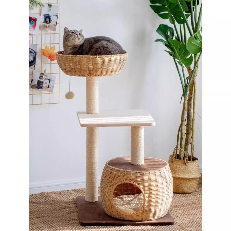 Rattan Modern Cat Tree with Nest Kennel and Scratching Post Four Seasons Universal Carton Packed Halloween/Christmas Decor
