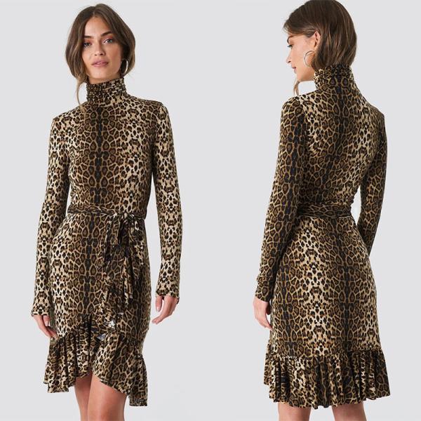 Autumn Fashion Women Long Sleeve And High Neck Leo Polo Dress Brown
