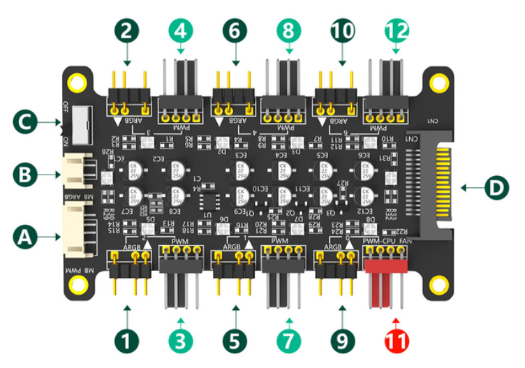 12 Ports 3Pin DC 5V ARGB and 12V 4Pin PWM Fan Hub Breakout Board With Extension Cable  5V ARGB and 12V PWM DC Fan Hub with Acrylic Case and Magnetic Standoff for ASUS/MSI 5V 3Pin LED Controller