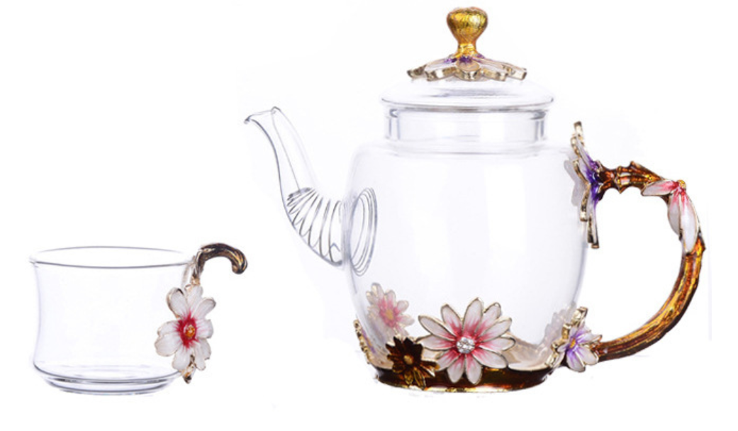 Flower Pattern Floral Microwavable Teapot , Vintage Glass Teapot With Gold Leaves
