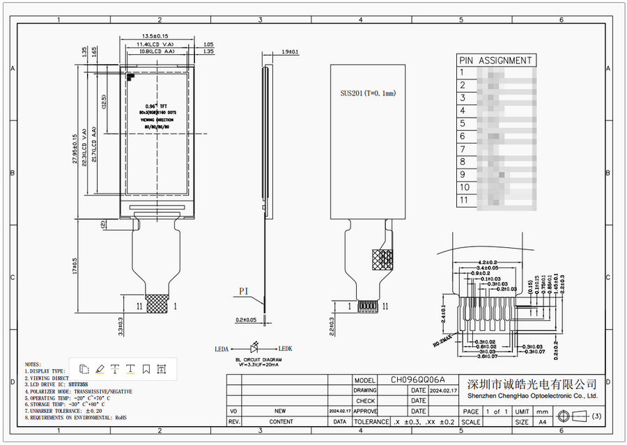 0.96 дюймовый IPS TFT LCD дисплей 80x160 разрешение с 11pin FPC