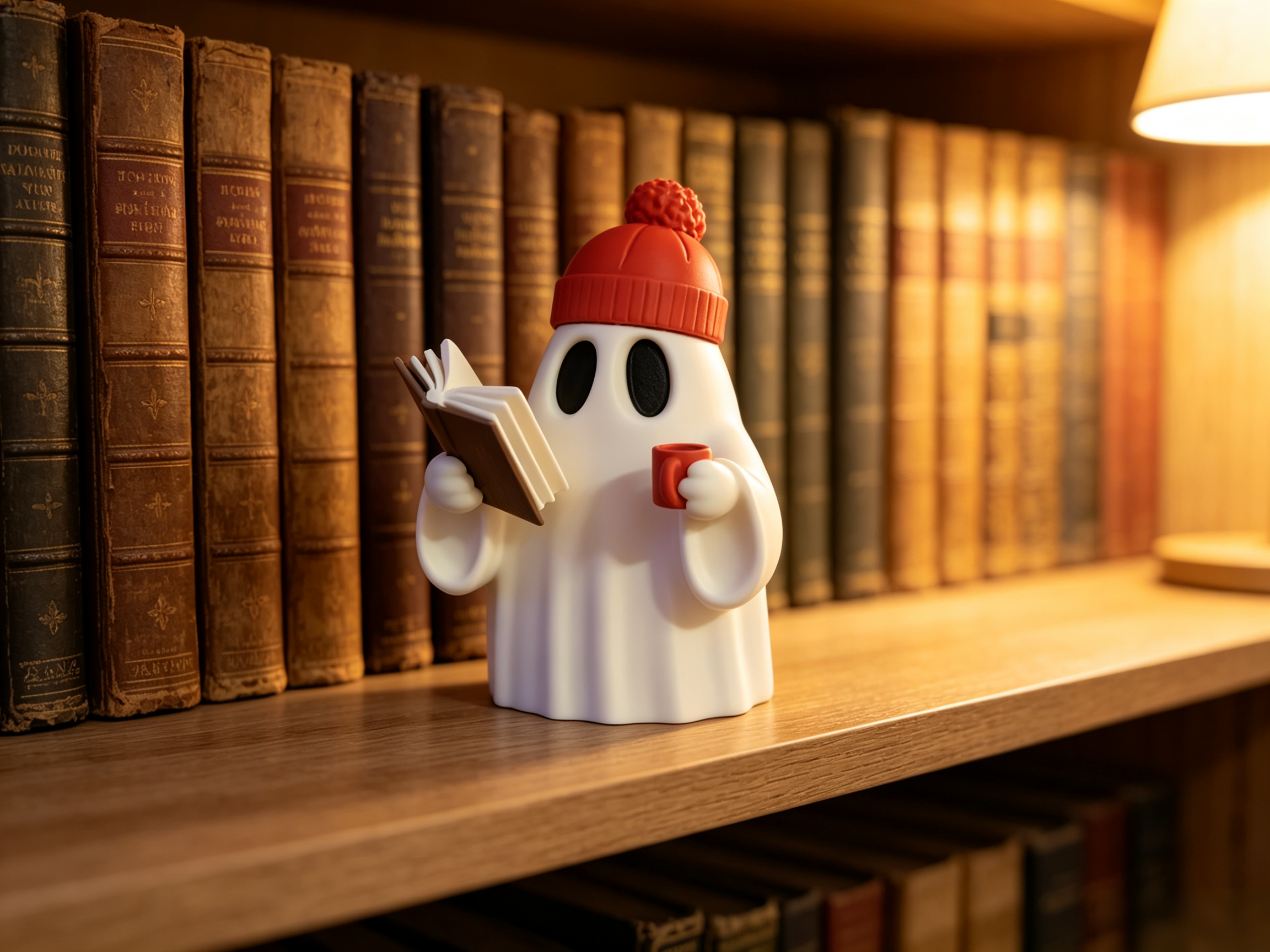 Matte PLA Made 3D Printed Holiday Decoration, Beanie Wearing Reading Ghost Decor for Library Table Display