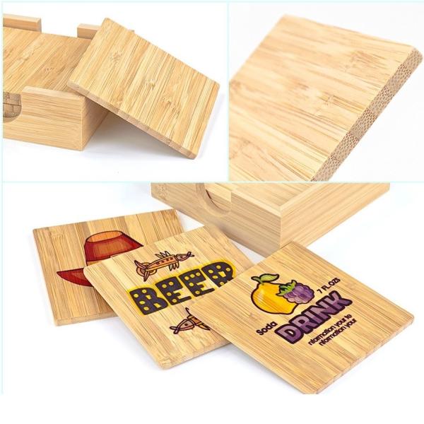 Sublimation Photo Printing Bamboo Coaster Set With Holder 10*10cm Thick 0.5cm