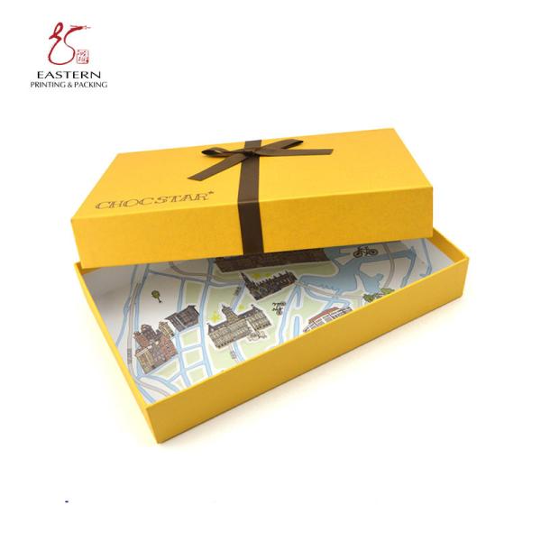 Luxuriously Gold Art Paper Chocolate Packaging Paper Box With Brown Ribbon