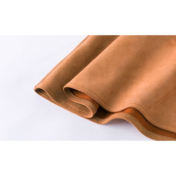 Camel Belted Knee Length Ladies Dress Skirt Suede Belted Bow Tie Whole Flare