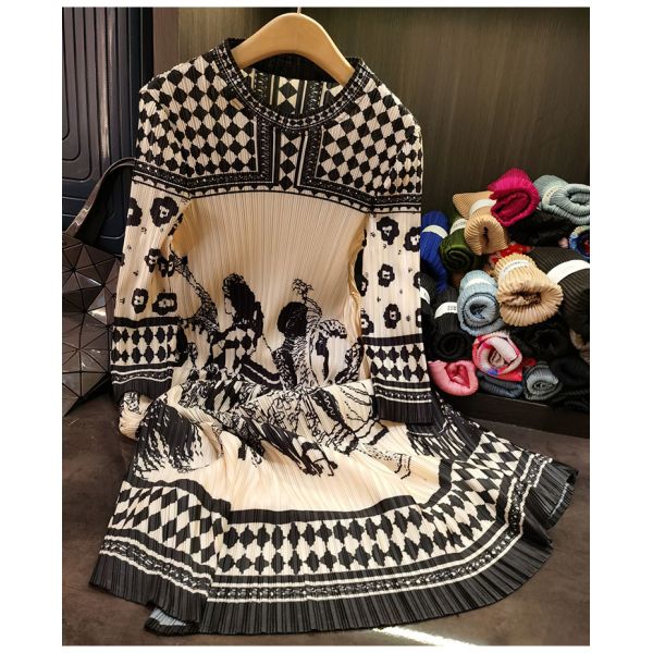 New Chinese Style Loose Pleated Dress with round Neck Long Sleeves Plus Size Slimming Skirt Digitally Printed Waistline Natural