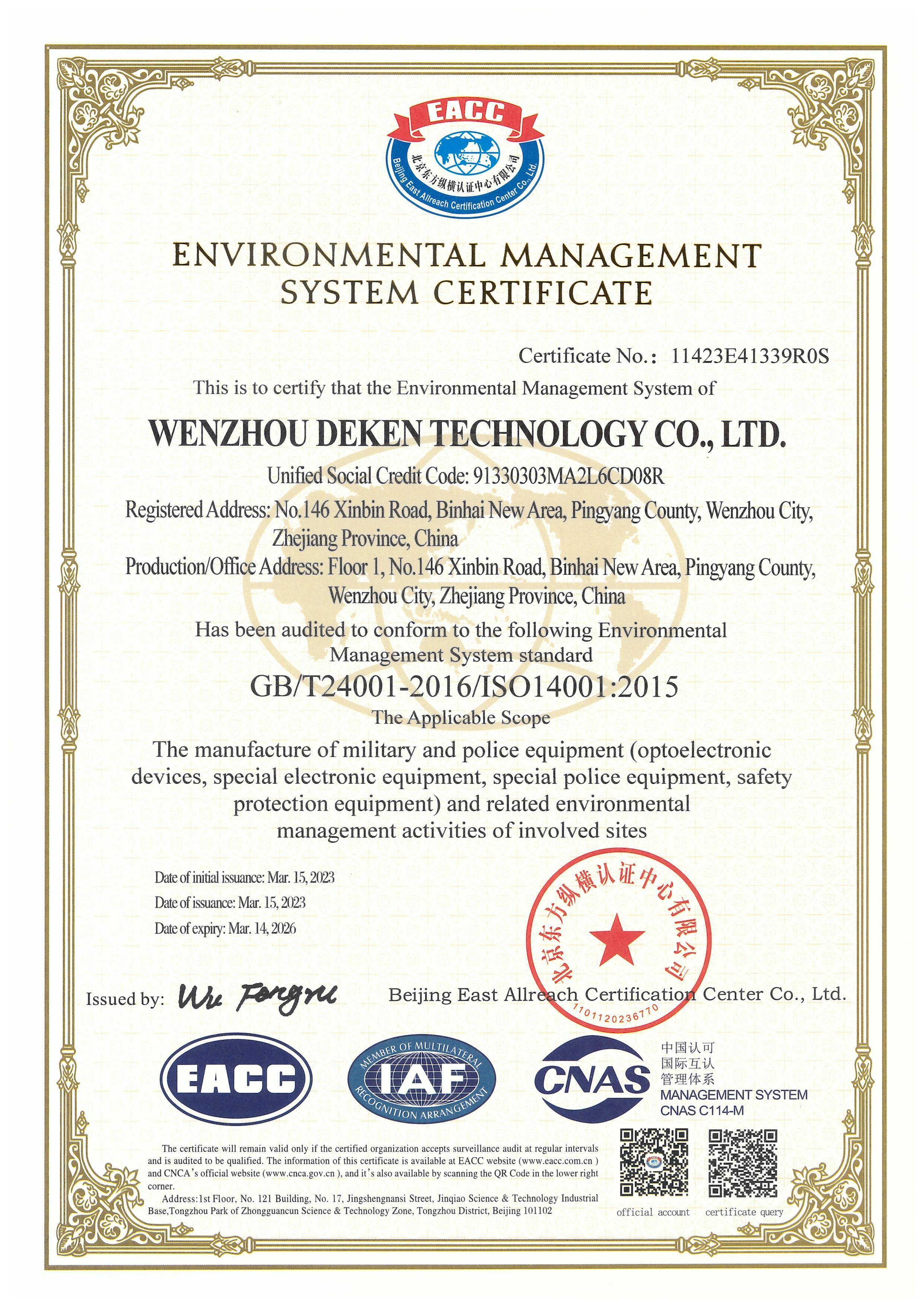 WENZHOU DEKEN TECHNOLOGY CO., LTD Сертификации