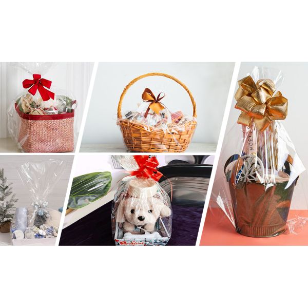 Cellophane Wrap For Gift Baskets, Opp Plastic Gift Bags With Red Bows Ribbon Wrap for Baskets & Gifts