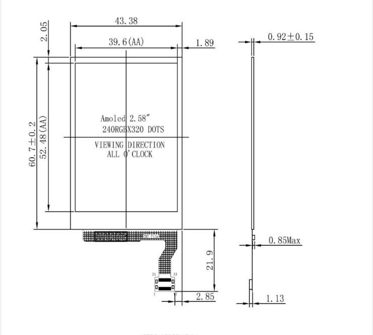2.58 дюймовый экран с разрешением 240x320, интерфейс MPU 300 Cd/M2 гибкий экран с разрешением Amoled