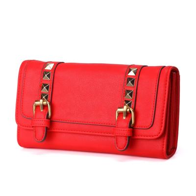 The new solid color long section of the wallet buckle rivets Europe Women's leather wallet