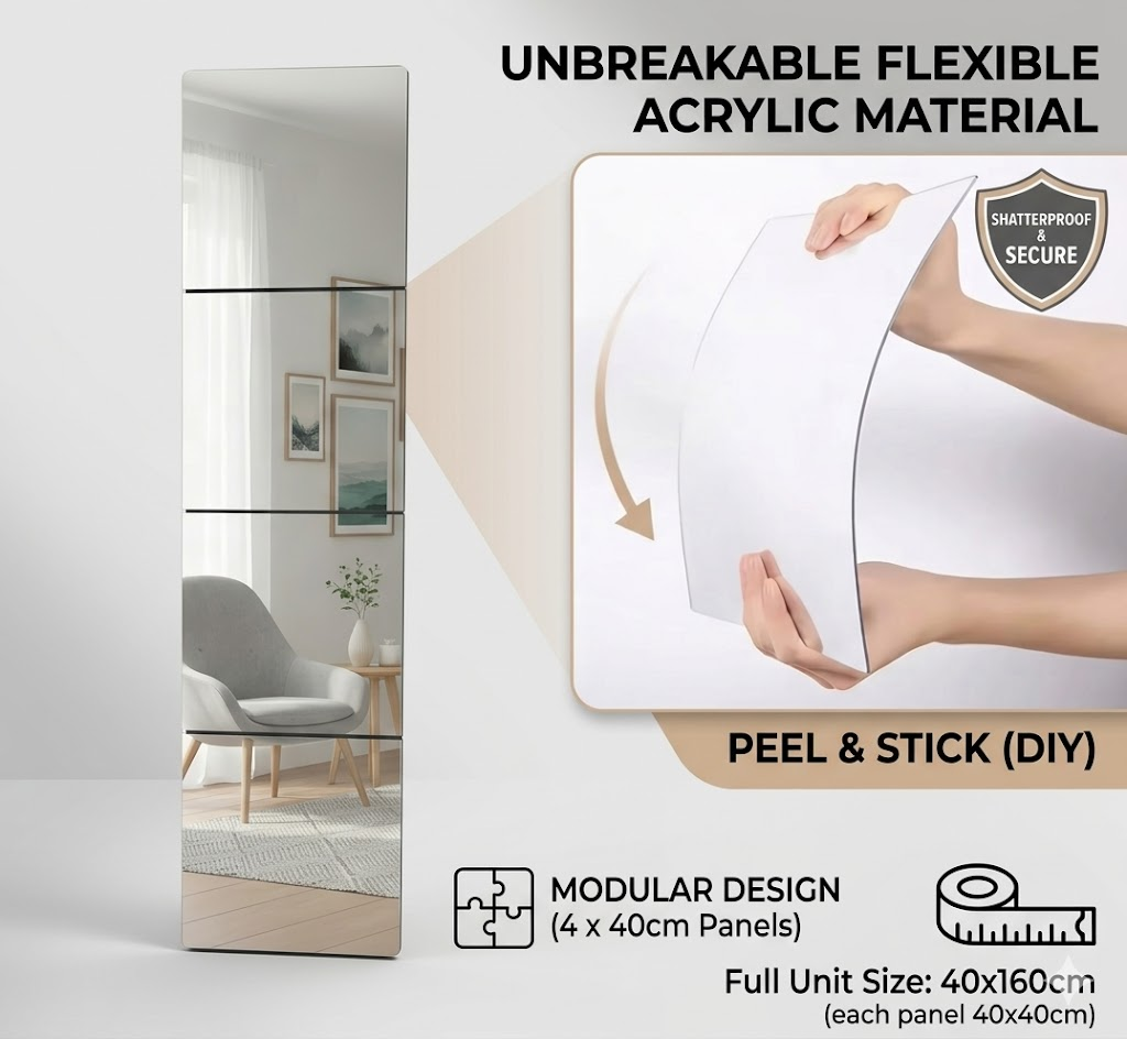 Shatterproof Acrylic Full Length Body Mirror Frameless Plastic Mirror Sheets Self Adhesive Wall Decor HD Reflection