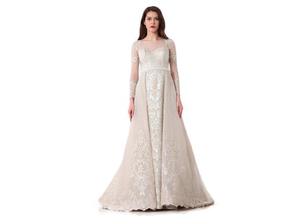 Embroidery Lace Long Sleeve Ladies Evening Dresses Transparent Back