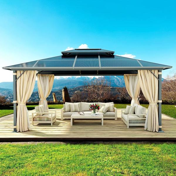 Gazebo Polycarbonate Double Roof Canopy Outdoor Aluminum Frame Pergola, Permanent Pavilion with Netting Curtains