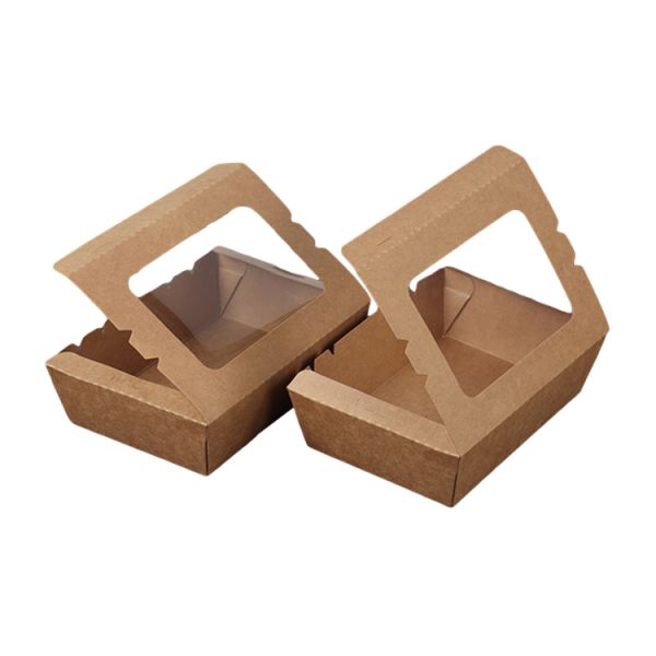 Embalagem de almoço para levar Caixa de frutas de salada de papel Kraft com impressão de janela PET Revestimento UV