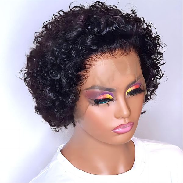 8inch Human Hair Wigs 360 Lace Front Pixie Curls Wig for Soft and Shiny Hair