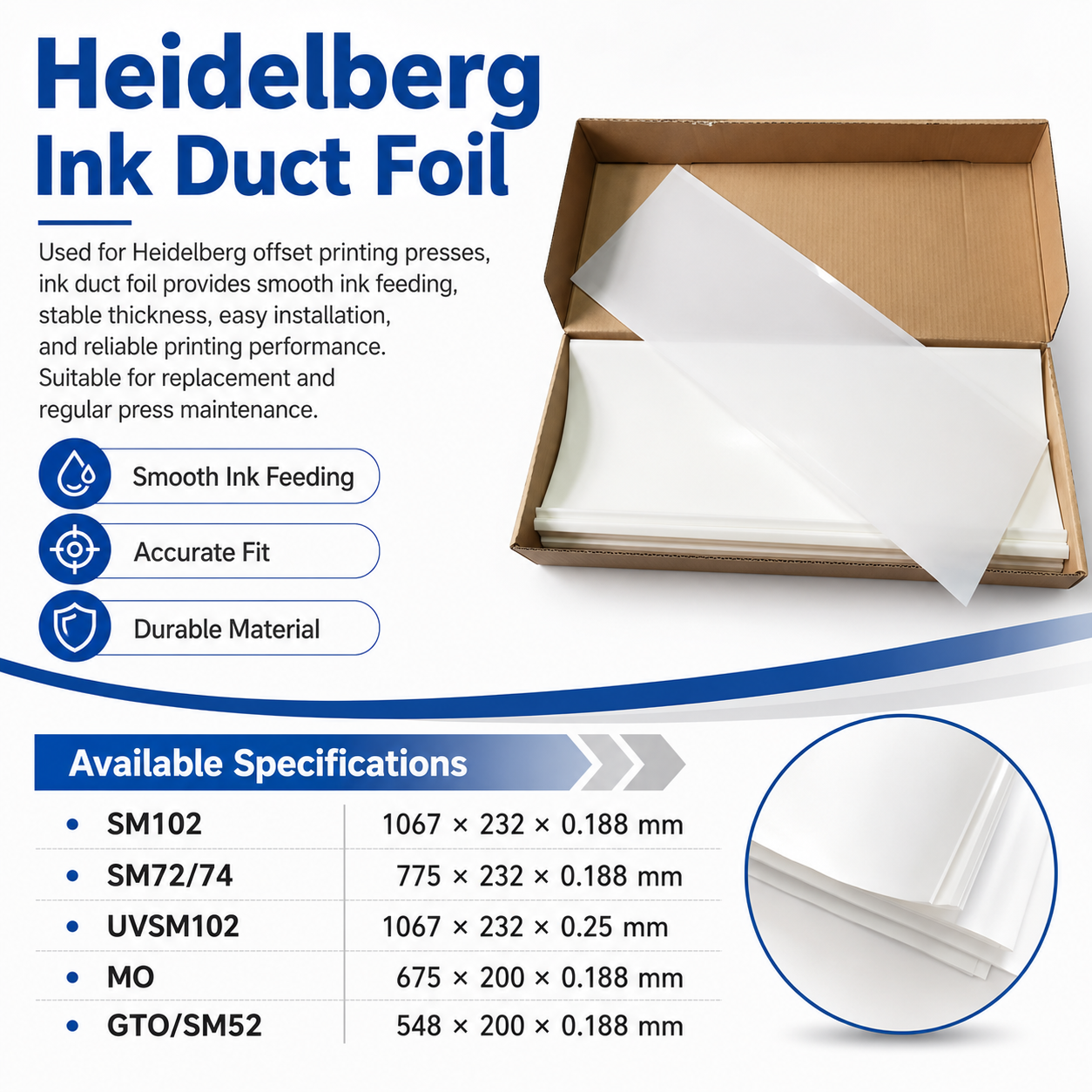 White PET Ink Fountain Film Offset Printing Ink Duct Foil MO SM52 SM72 SM74